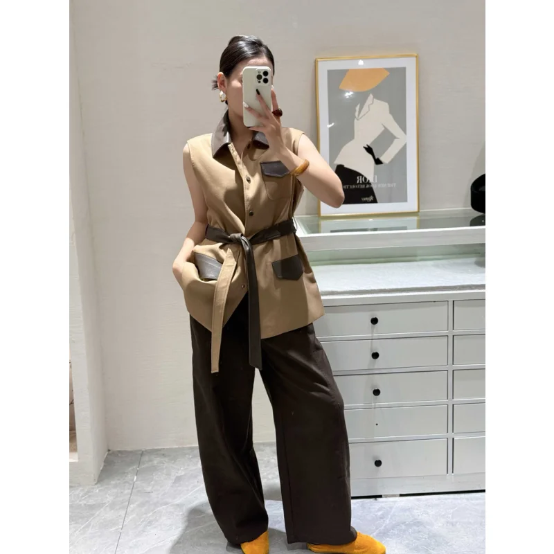 Maillard Coffee Khaki Contrast Design Vest Jackets with Ribbon Belt Sleeveless Straight Elegant Coats Autumn Winter Streetwear