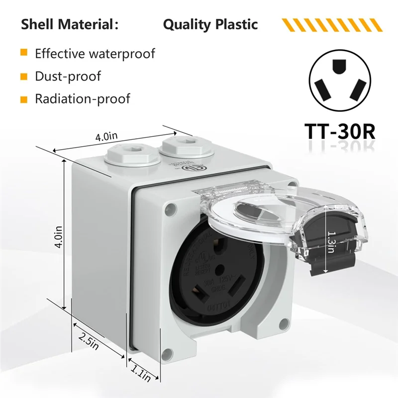 ABUI-30Amp صندوق مخرج طاقة، 125 فولت NEMA TT-30R وعاء خارجي مقاوم للغبار والعوامل الجوية للمركبات الكهربائية
