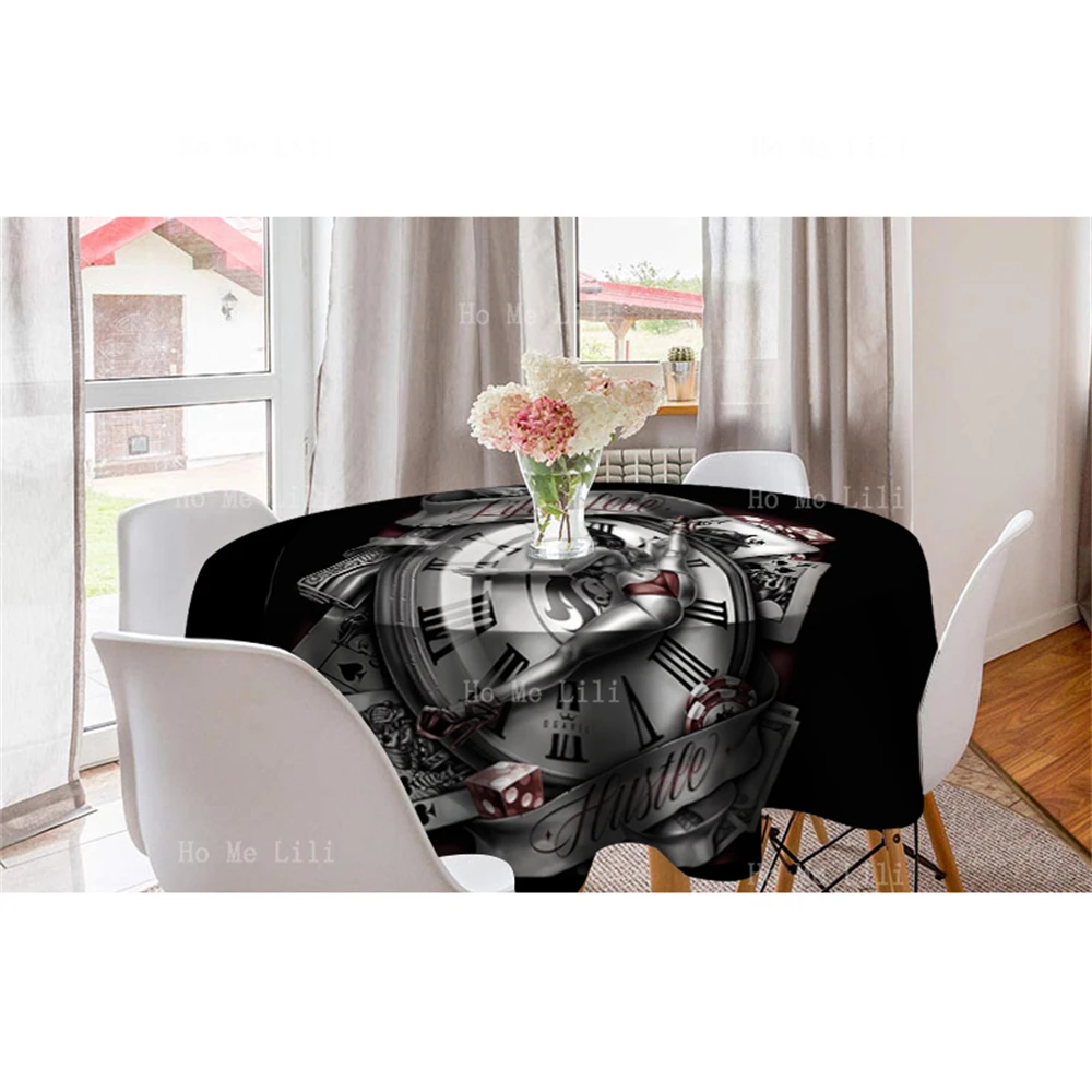 Retro Creative Body Tattoo Art Clock On Sexy Woman Round Tablecloth Decorated The Kitchen