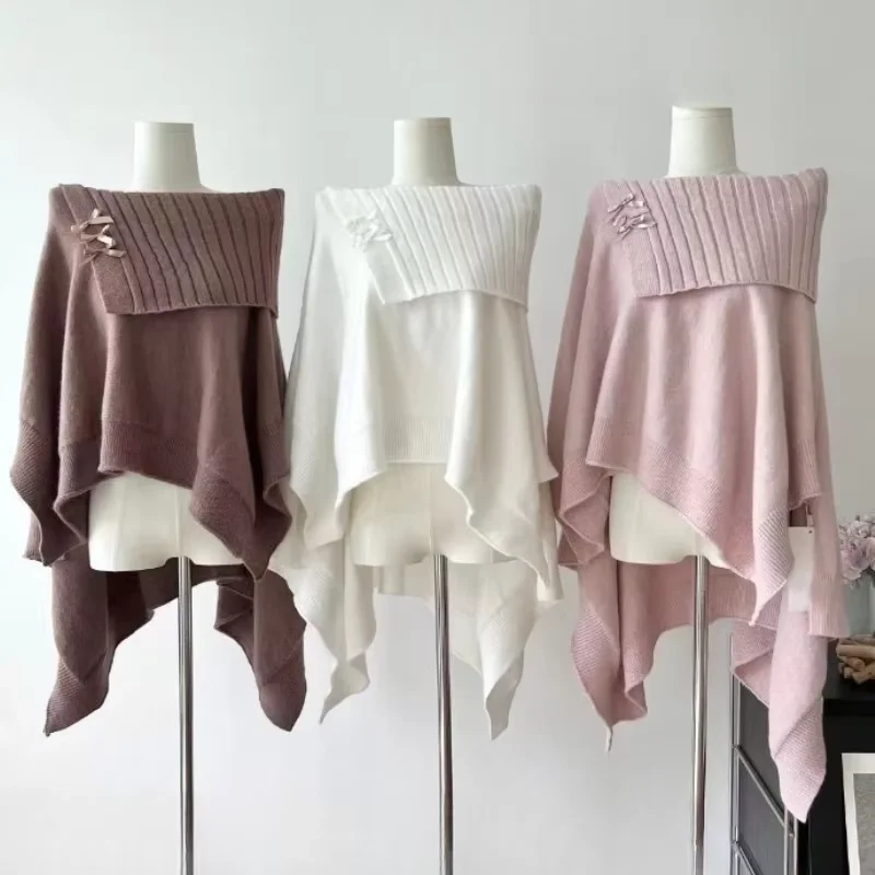 

Элегантный свитер с шалью в корейском стиле, осень-зима, женский повседневный свободный вязаный пуловер с вырезом на шее, женский милый трикотаж, пальто, топы