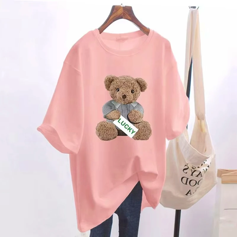 Summer Fashion Animal Bear Print Basic T-shirts Women Casual Pure O-neck Short Sleeve Top Tee Office Lady Loose Pullovers