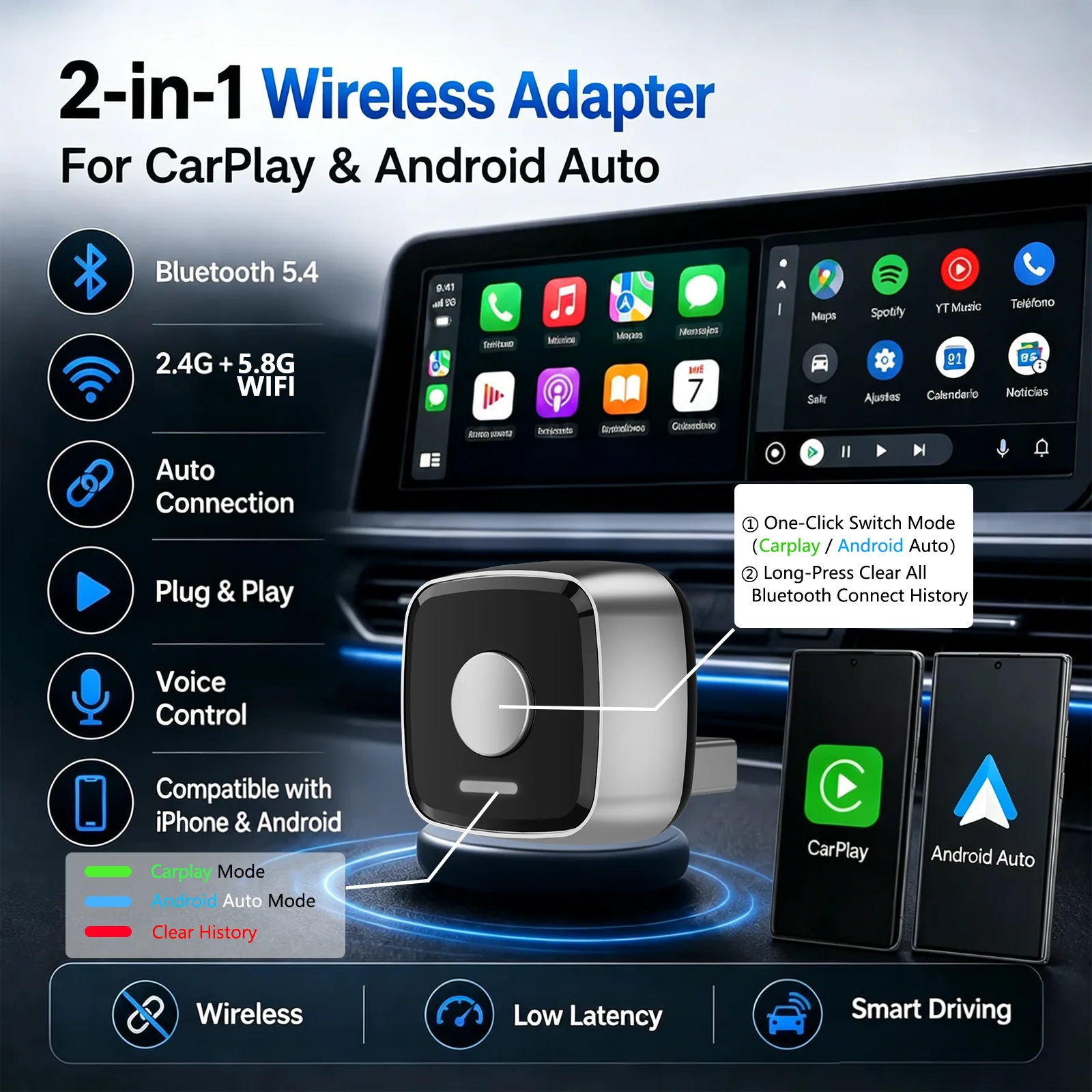 Wireless Carplay Adapter for iPhone - 2026 Upgrade 2in1 Dongle, Plug&Play, Wired to Wireless, One-Touch Switch, Fast&Stable