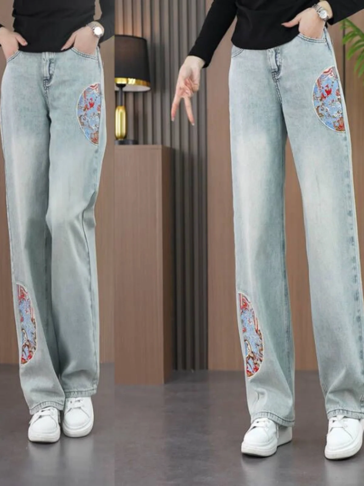 

Spring 2024 New Chinese Style Embroidered Slim Straight Leg Jeans Women's Loose Wide Leg Pants High Waist Zipper Closure