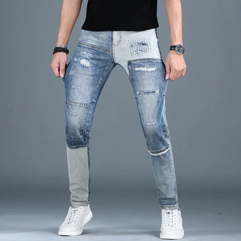 Street retro ripped jeans men\'s slim fit ankle-tied trendy Korean style stitching nostalgic washed casual long pants