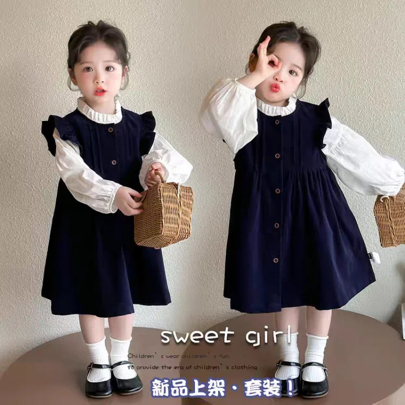 

2025Girls Spring and Autumn New Flying Sleeve Princess Style Corduroy Vest Dress Two-piece Set