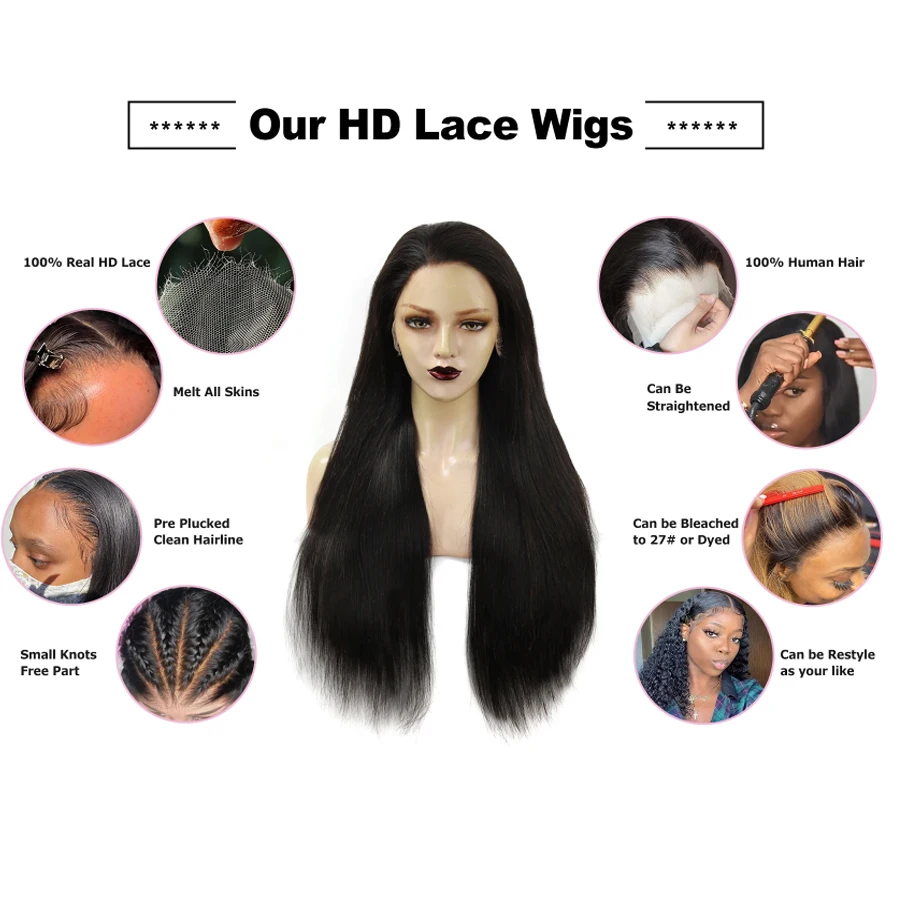 34 Zoll Echte HD Lace Front Perücke, Vorgezupfte Glatte Perücken, 13x6 HD Transparente Lace Frontal Echthaarperücke, Brasilianisches Haar für Frauen – Detail 1