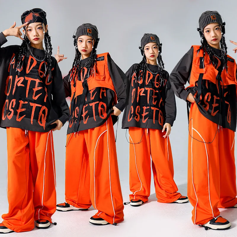 Boys Hip Hop Cool Sweatshirt Vest Cargo Pants Girls Fashion Jazz Street Dance Costume Children Clothes Set Kids K-pop Streetwear