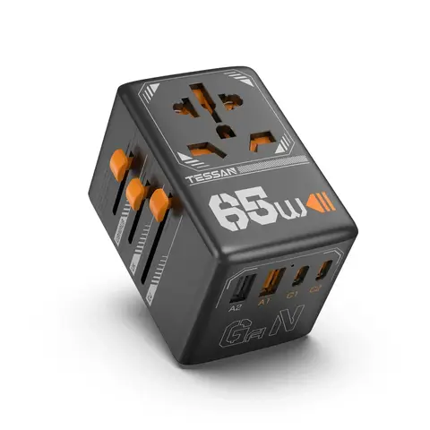 Adaptador de viagem TESSAN 65W GaN International Plug com USB Tipo C Adaptador de alimentação universal em todo o mundo Plugue UE / Reino Unido / EUA / AUS para viagens