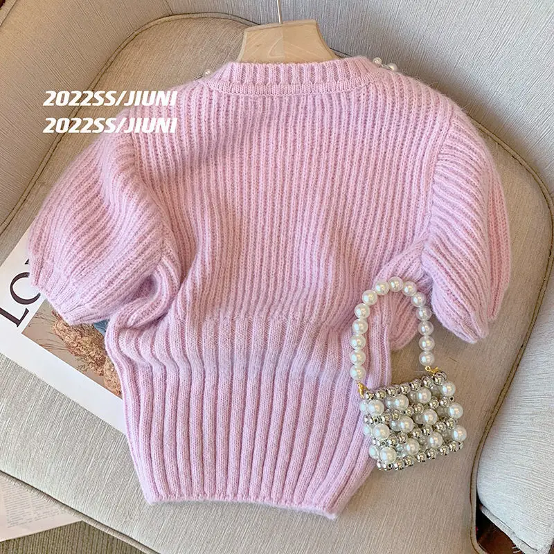 Jumpers Pink Purple Pearl Short Sleeve Sweater Women\'s Summer New Korean Lantern Rhinestone Knitwear Top Pull Femme Beaded