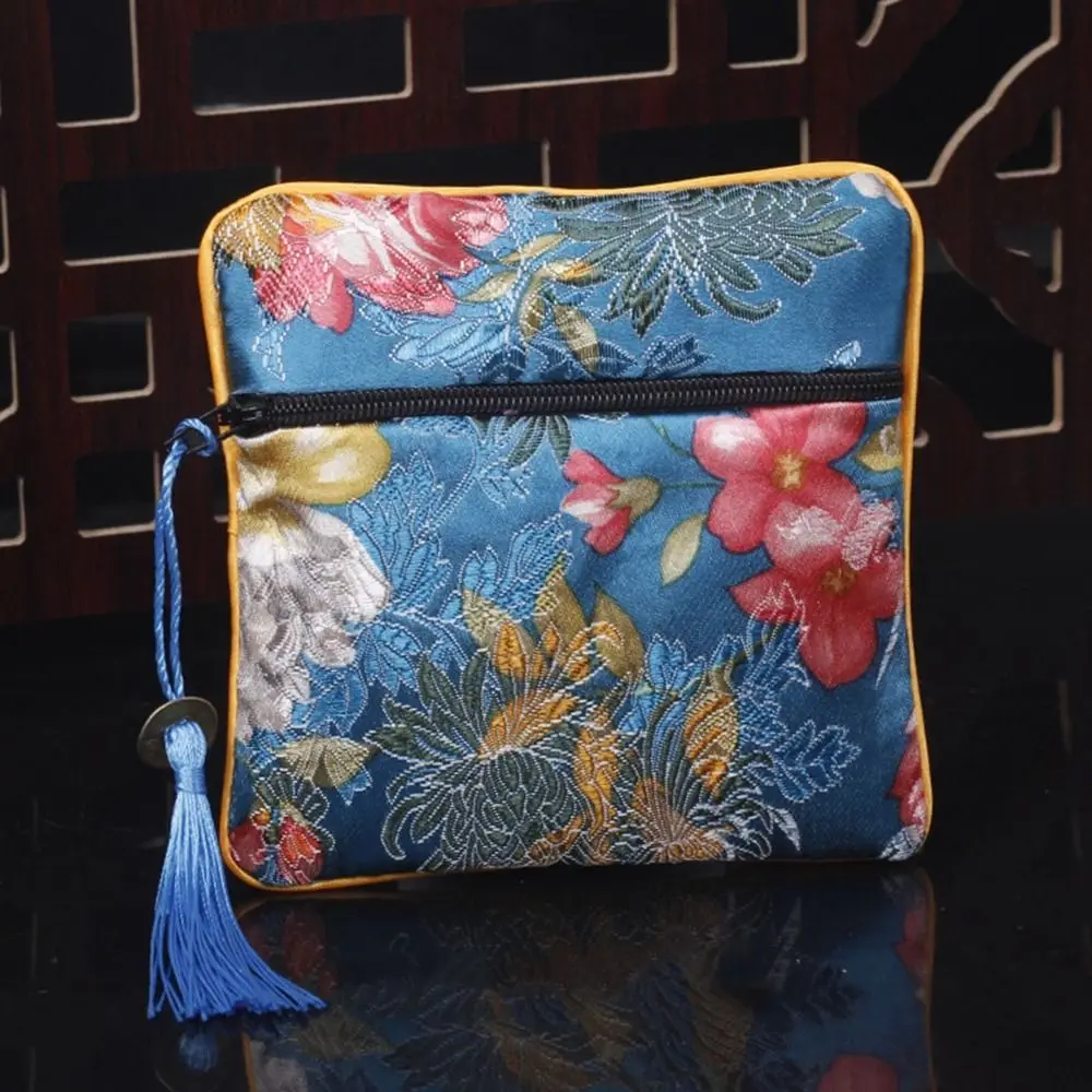 Bolsa de tela bordada para monedas, colgante de efectivo de cobre con flores, bolsa de almacenamiento de joyería, pulsera, estuche de joyería bordado, billetera de tela