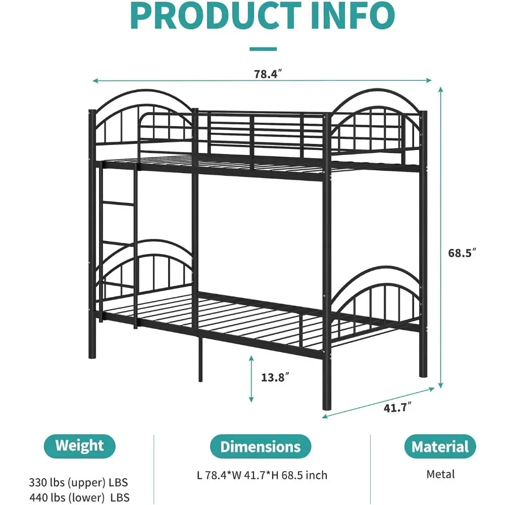 Metal Bunk Beds Frame Twin Over Twin, Convertible Into 2 Individual Metal Bed Frame, Removable Ladder & Safety Guard Rail