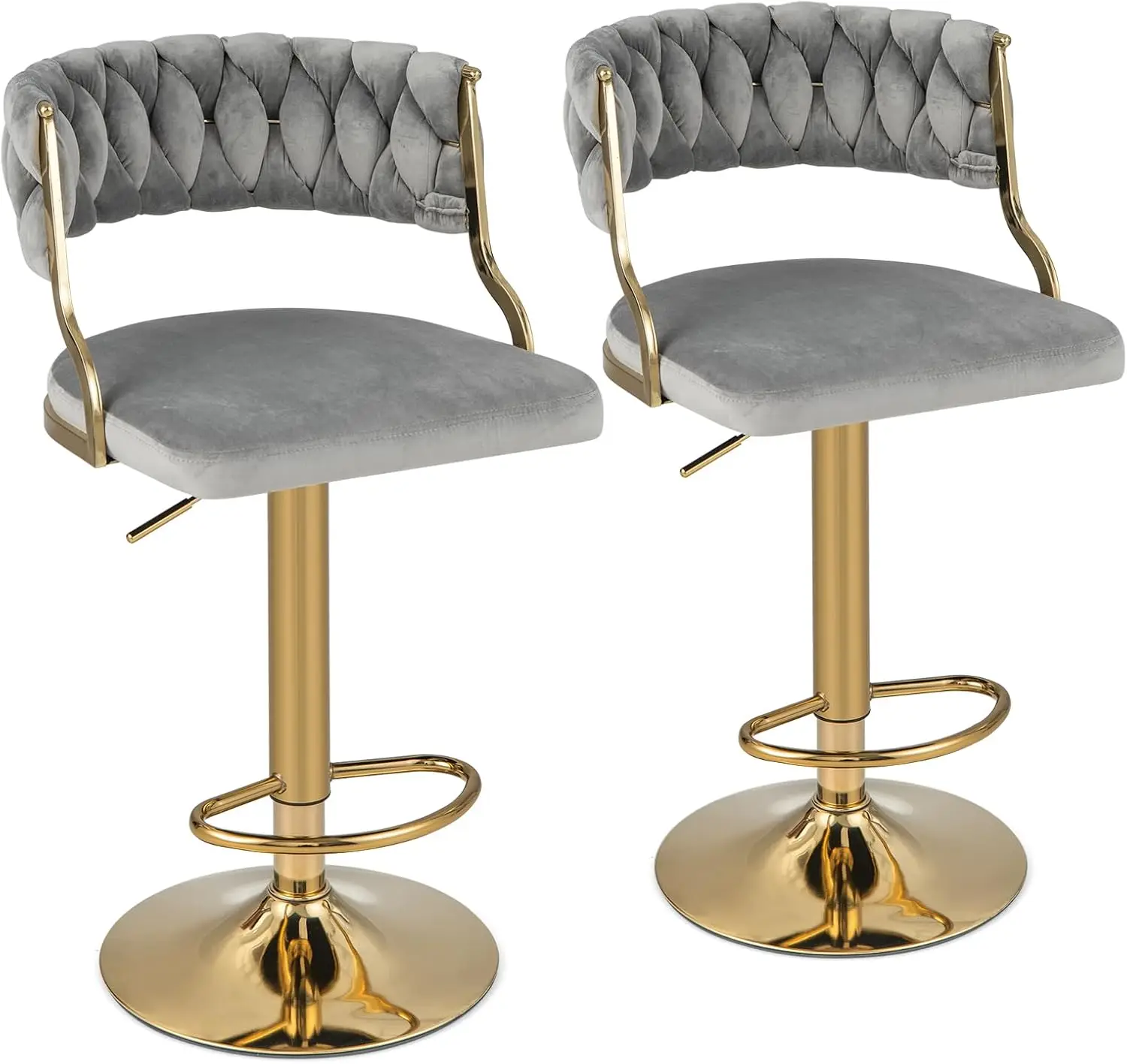 

Velvet Adjustable Bar Stools Set of 2, Max Load 400 Lbs, Modern Upholstered Swivel Barstools with Woven Back, Footrests,