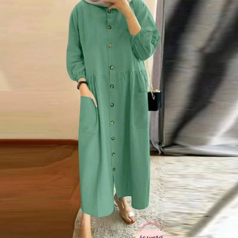 2024 Muslim women's casual cardigan with pocket insert dress, round neck with bubble sleeves, loose sun skirt