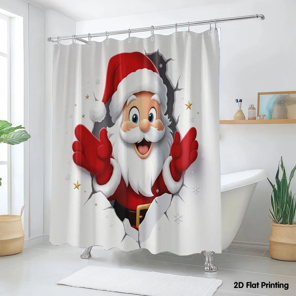 1pc 2D Flat Santa Claus Breaking Through The Wall Patterned Shower Curtain, Including 12 Hooks, Made of Polyester Fabric, Suitab