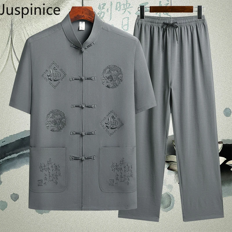 

Summer Printed Stand-collar Short-sleeved Shirt Trousers Set Chinese Style Loose Casual High Street Personalized Tai Chi Suit