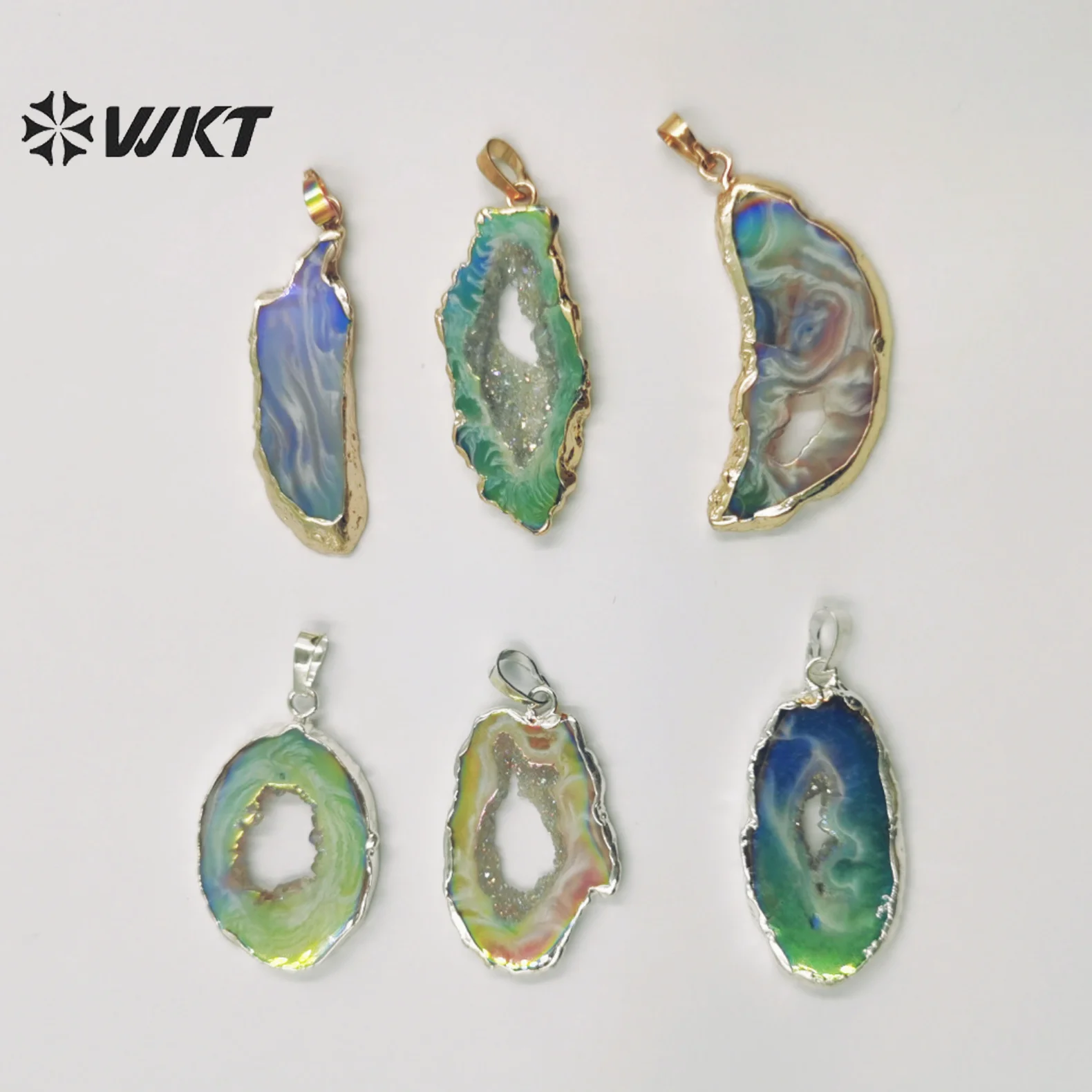 

WT-P1814 Newest fashion gold Aura druzy geode Agate pendant Natural slice Angel Aura stone pendant in rainbow