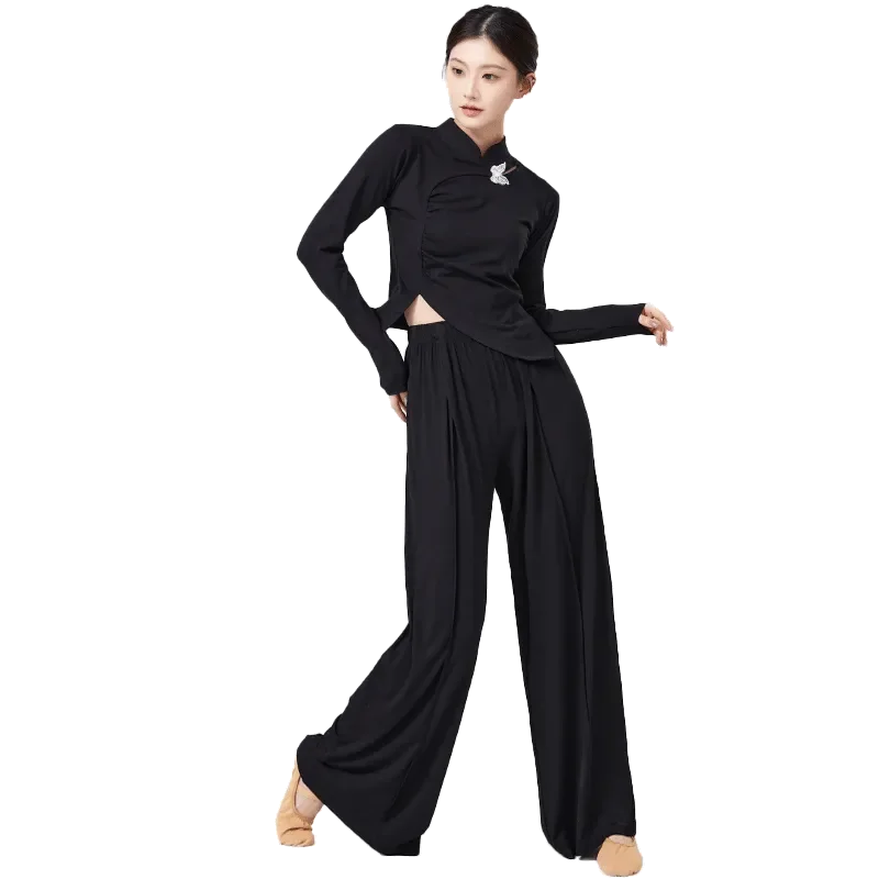 Women Chinese Style Long Sleeve Top Wide Pants Set Classical Modern Dance Training Outfit