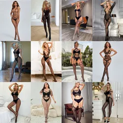 Sexy Hollow Fishnet Bodysuits See Through Mesh Full Body Stocking Costumes Female Erotic Underwear Transparent Tight Lingerie