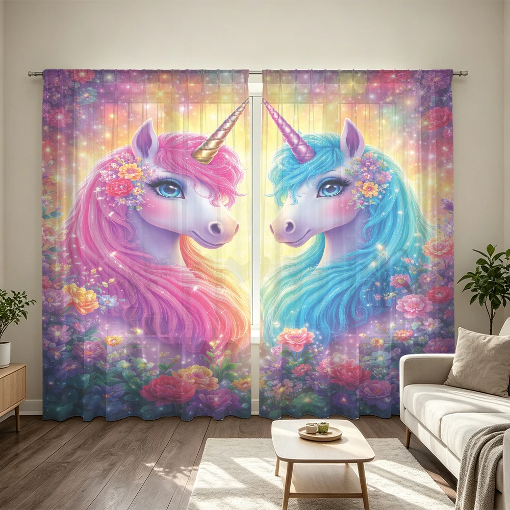 2Pcs Garden Double Color Unicorn Rod Pocket Curtains Light Blocking Privacy Window Curtains For Bedroom Living Room Vibrant F