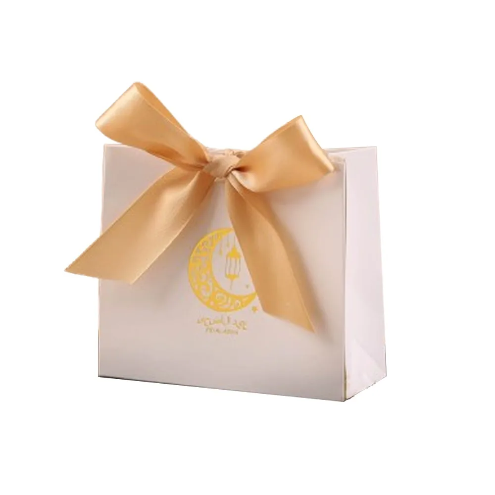 

10pcs Silk Ribbon Eid Mubarak Gift Box Moon Star Paper Candy Bags DIY Unique Gift Packaging Box Holiday Decoration