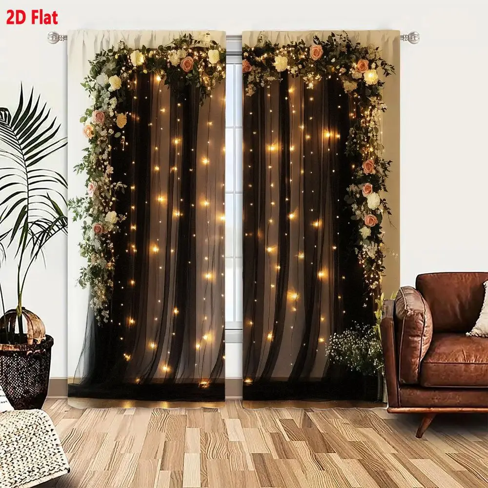 2Pcs Curtains 2D Flat Sheer Black Curtain With Warm - White Fairy Lights Elaborate Floral Arrangements Pink White Roses Lilies B