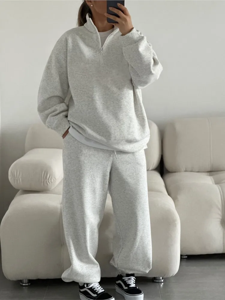 

Новый осенний повседневный женский свободный пуловер с длинными рукавами и полумолнией, широкие брюки, модный комплект из 2 предметов, спортивный костюм из хлопка для отдыха