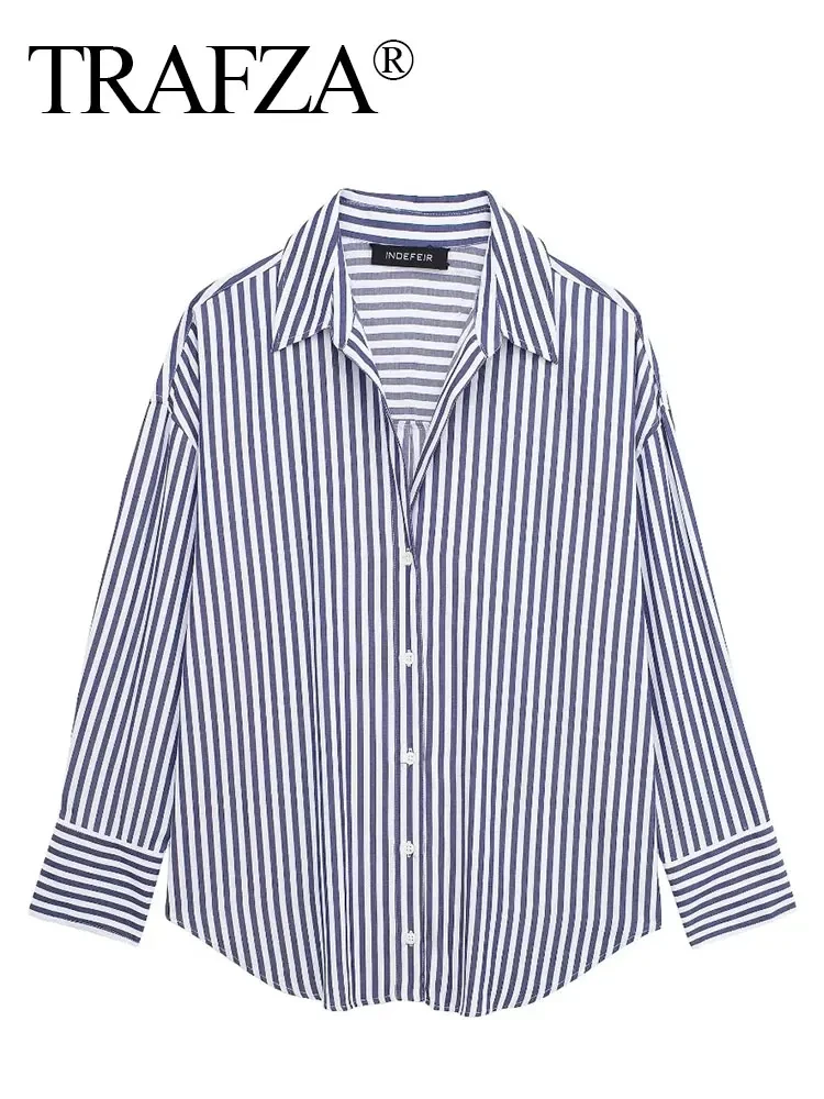 TRAFZA Summer Women\'s Elegant Long Sleeve Lapel Blouses Casual V-neck Single Breasted Loose Shirt Office Lady Commuter Tops