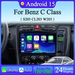 For Mercedes Benz C Class S203 CL203 W203 2000 - 2004 Android 15 Carplay Auto Car Radio Multimedia Video Player Navigation GPS