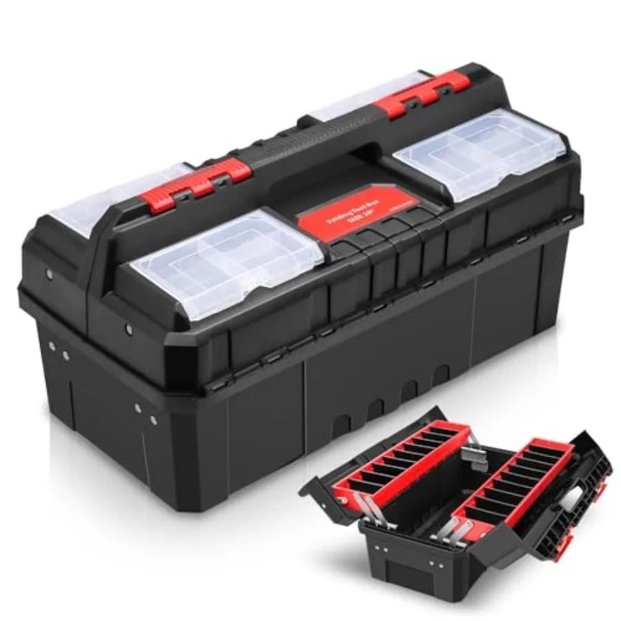 

Tool Box Set Portable Folding Toolbox with Non-slip Handle Tray for Garage, Workshop and On-the-Go Repairs, /Black