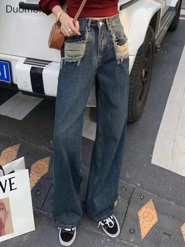 Duomofu blau schick hohe Taille schlanke lässige weibliche Jeans Frühling gewaschen Mode zerrissene Tasche einfache in voller Länge lose Frauen Jeans