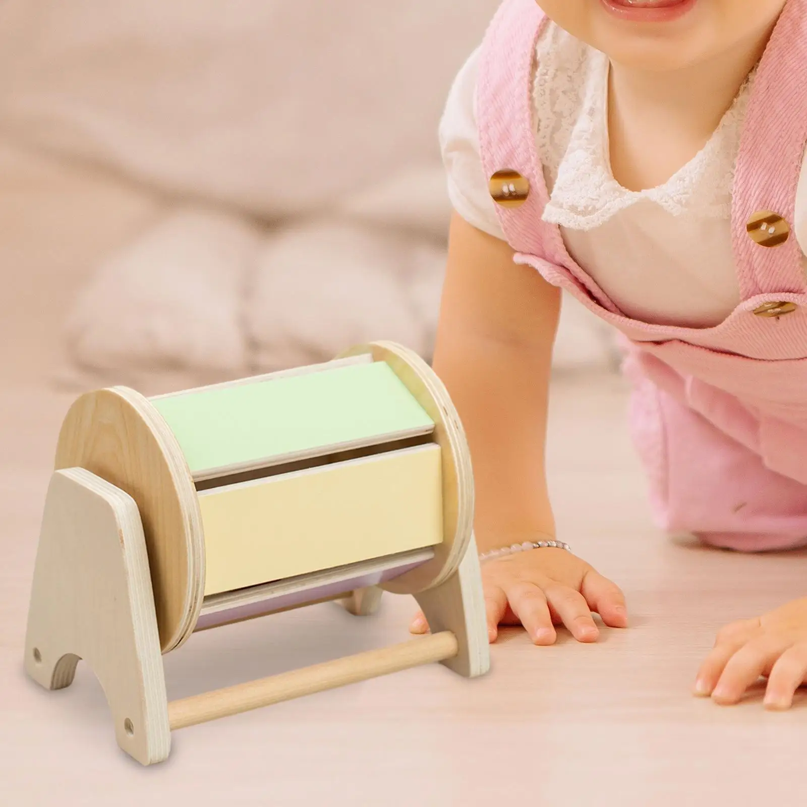 Montessori Rotating Drum Wooden Toy for Kids Textile Sensory Drum Color Cognition Infant Toddler Motor Skills Development Gift