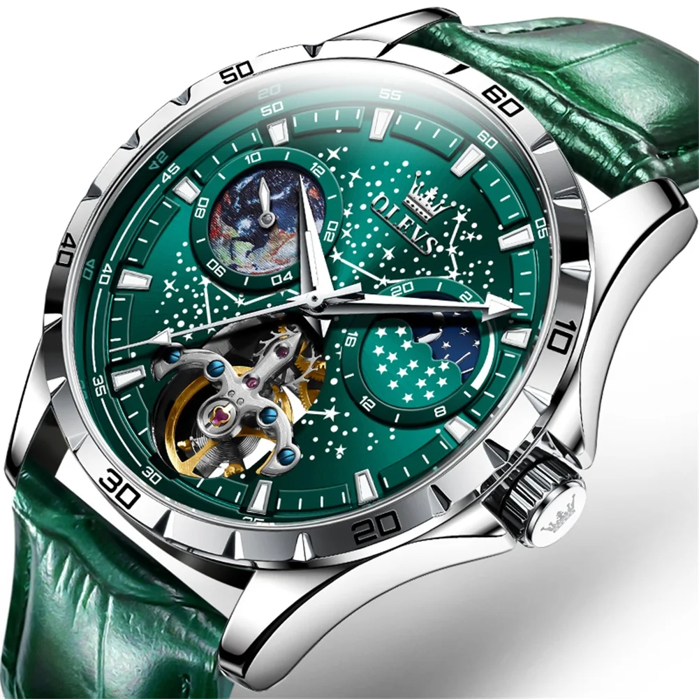 Top Brand Tourbillon Watch Men Waterproof Sport Military Wristwatch Men Business Automatic Male Clock Green Leather Reloj Hombre