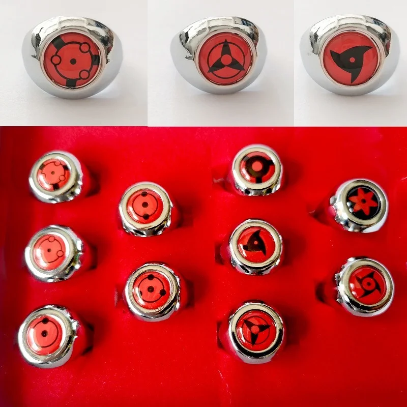 10PCS Naruto Akatsuki Sharingan Rings Set Anime Itachi Action Figure Cosplay Metal Jewerly Accessory Children Kids Stuff Gifts