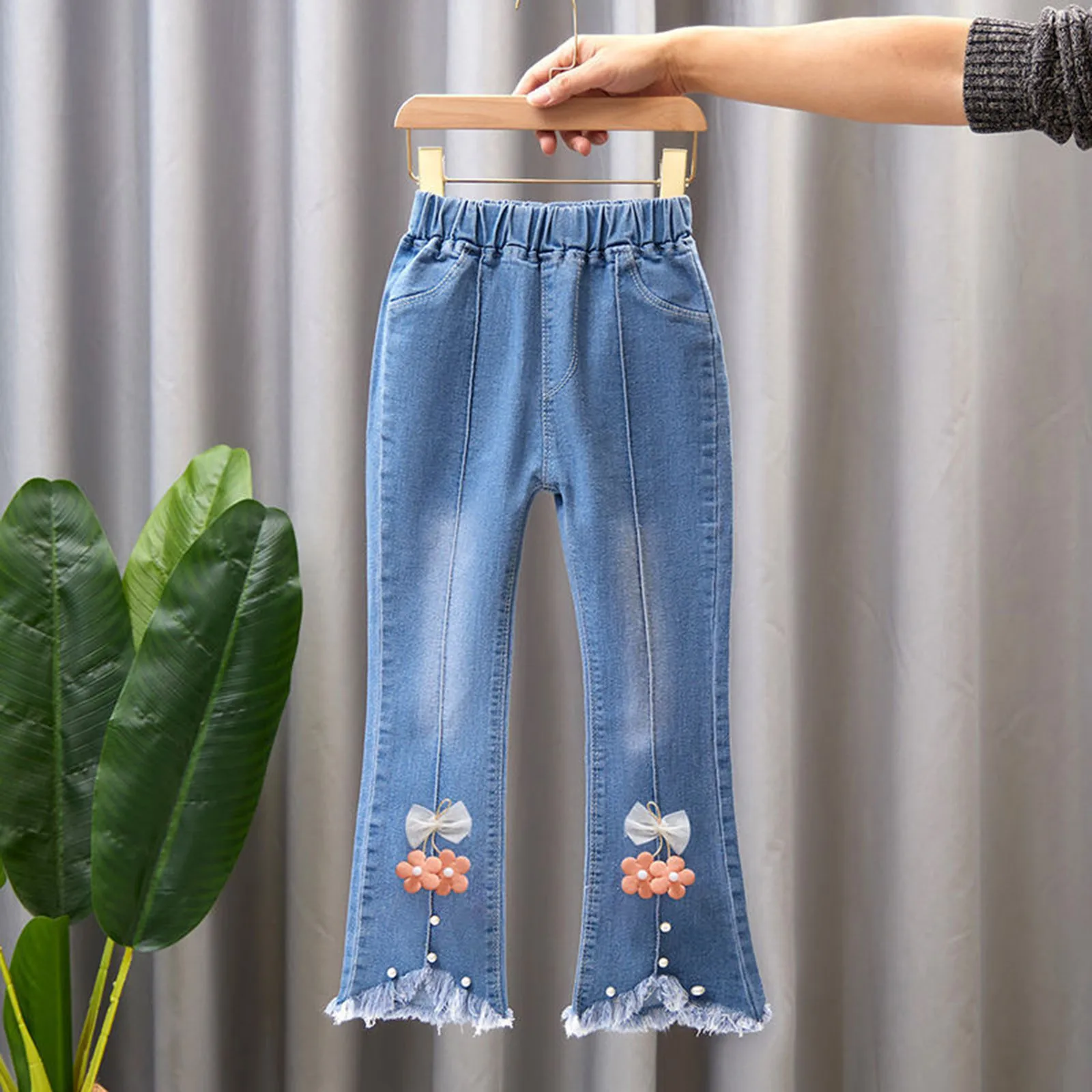 

2024 New Autumn Elastic Kids Jeans Girls Cute Leisure Bow Denim Blue Children Flared Pants Teenage Girl Clothes Trousers 3-12y