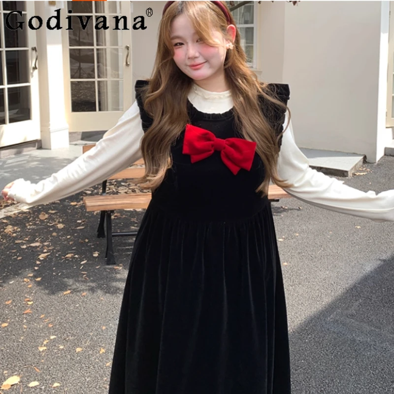 Autumn Women Black French Large Size Sleeveless Dresses Fashion High Waist A-line Versatile Age-reducing Bow Crew Neck Dress