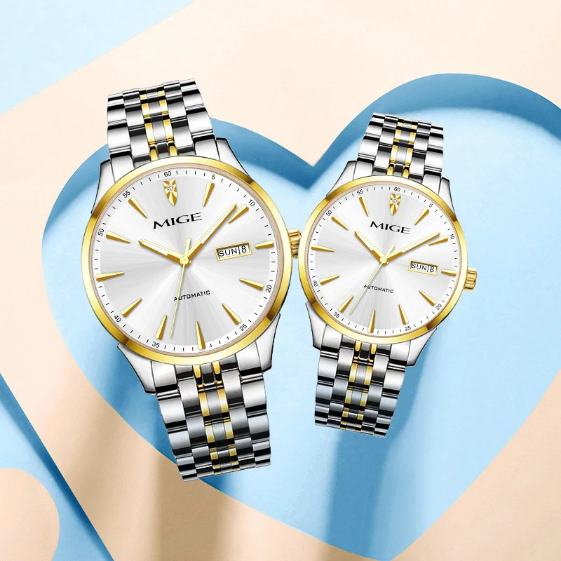 MIGE brand mechanical men stainless steel case business watch Luminous waterproof date and week luxury fashion watch