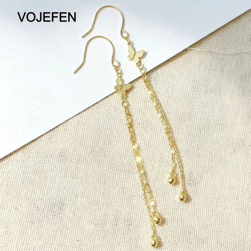 VOJEFEN 18K Pure Gold Butterfly Long Tassel Drop Earrings for Women Elegant Bead Chain Dangle Earrings Wedding Party Jewelry