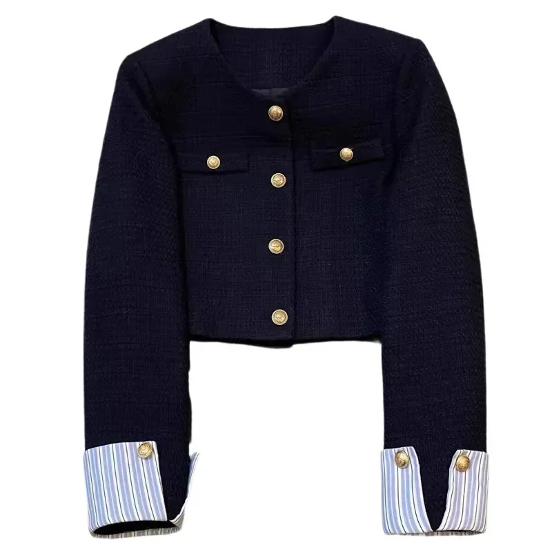 Fashion Striped Patchwork Long Sleeve Coat Navy Blue Short Jacket for Women Woman Spring Autumn French Gold Button Tweed Jacket