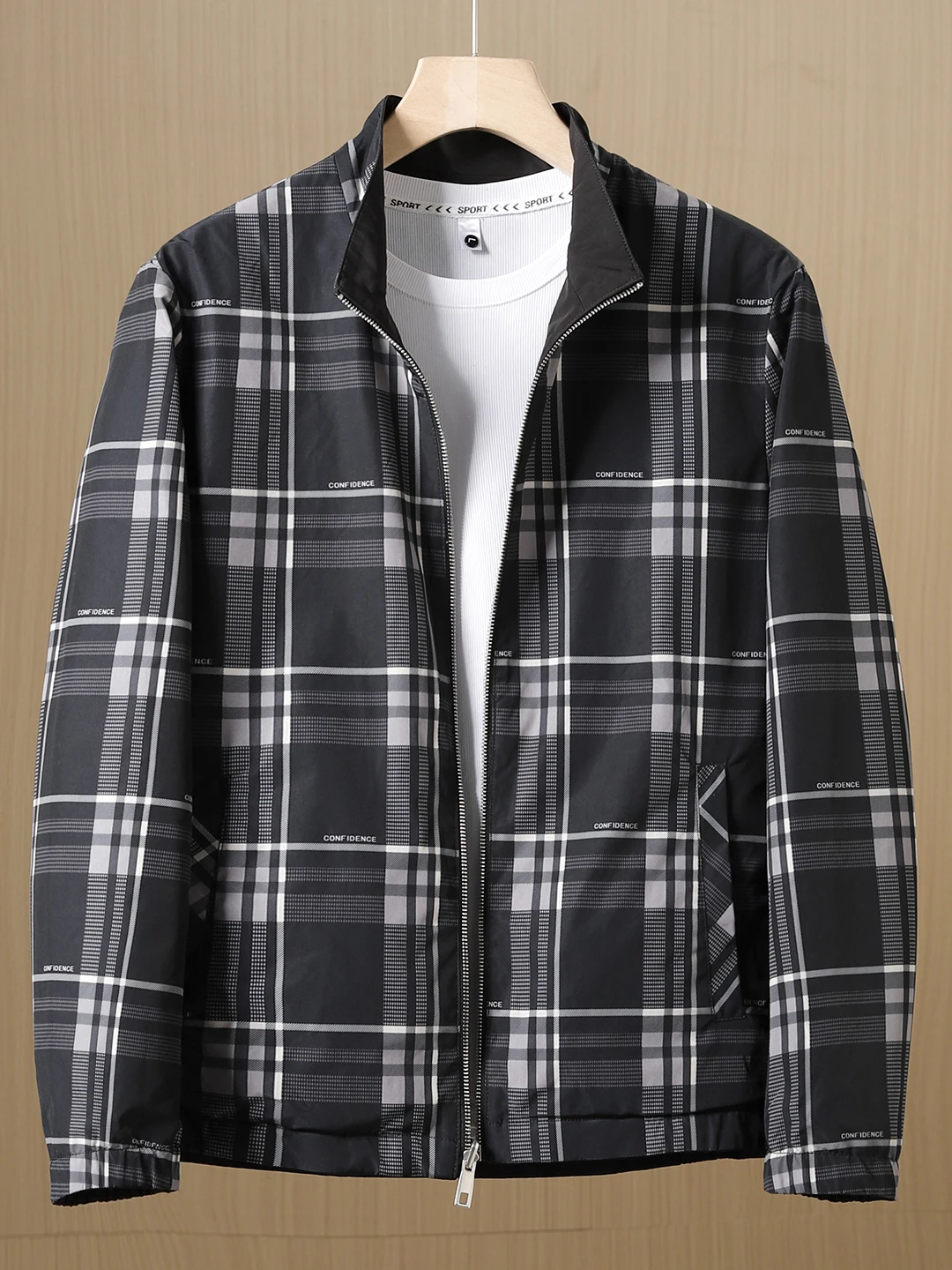 

Double-Sided Wear Classic Collar Busin Casual Bla Jaet Men's Stand Fit Long Sve Polyester Fiber Youth Jaet