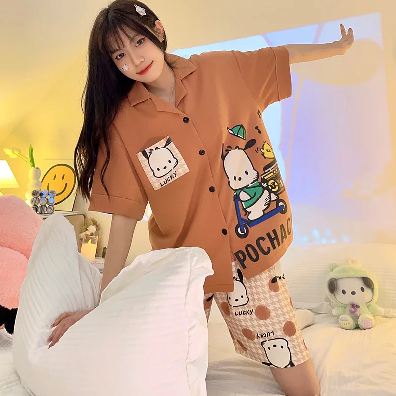 Cartoon Anime Sanrio Pajamas Pochacco Kawaii Cute Autumn and Winter Women's New Long Sleeved Lapel Lace Home Furnishing Set Gift