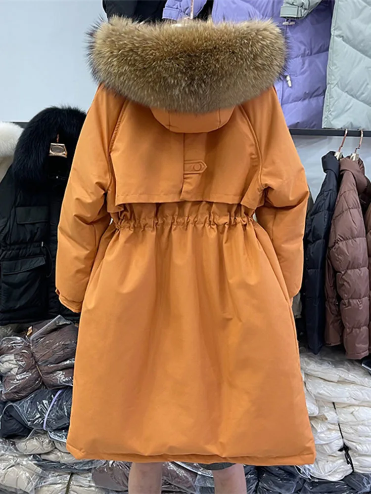 Large Natural Raccoon Fur Hooded Long Down Coat Women Winter 90% Duck Down Parkas Female Thickness Sash Tie Up Jackets