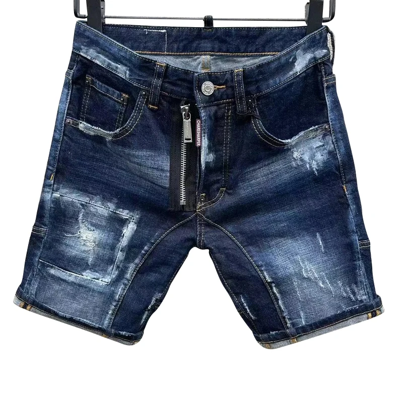 chareiharper  D307 Ripped patch digital printed straight tube hipster men's denim quarter shorts