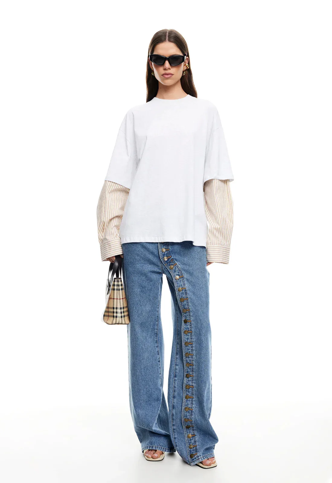 THRUM New Street Style Women Jeans Multi-button Design Denim Pants European American Fashion Casual Trousers for Daily Wear