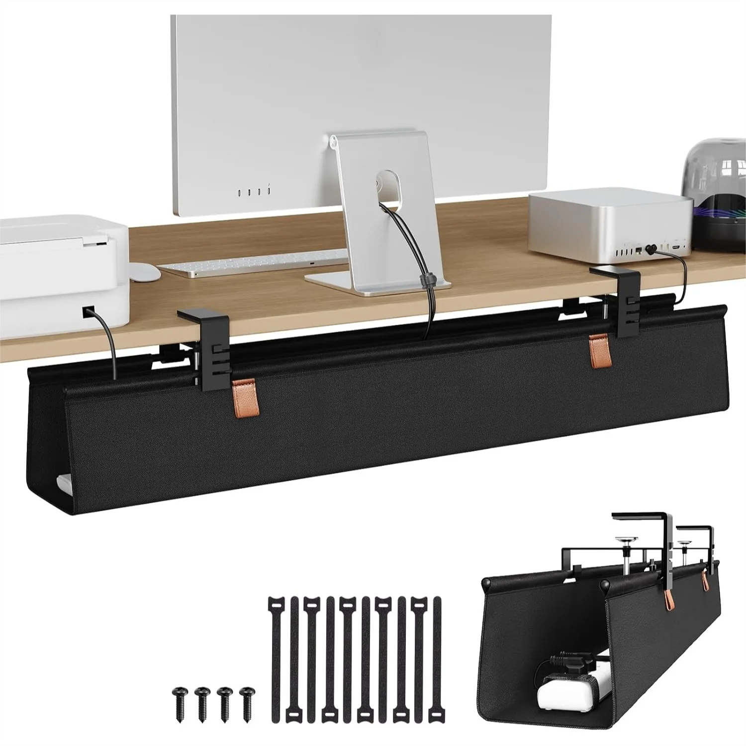 

Under Desk Cable Management Tray 40" Cord Organizer No Drill Clamp or Screw Mount, Large Capacity Fabric Wire Manager for Office