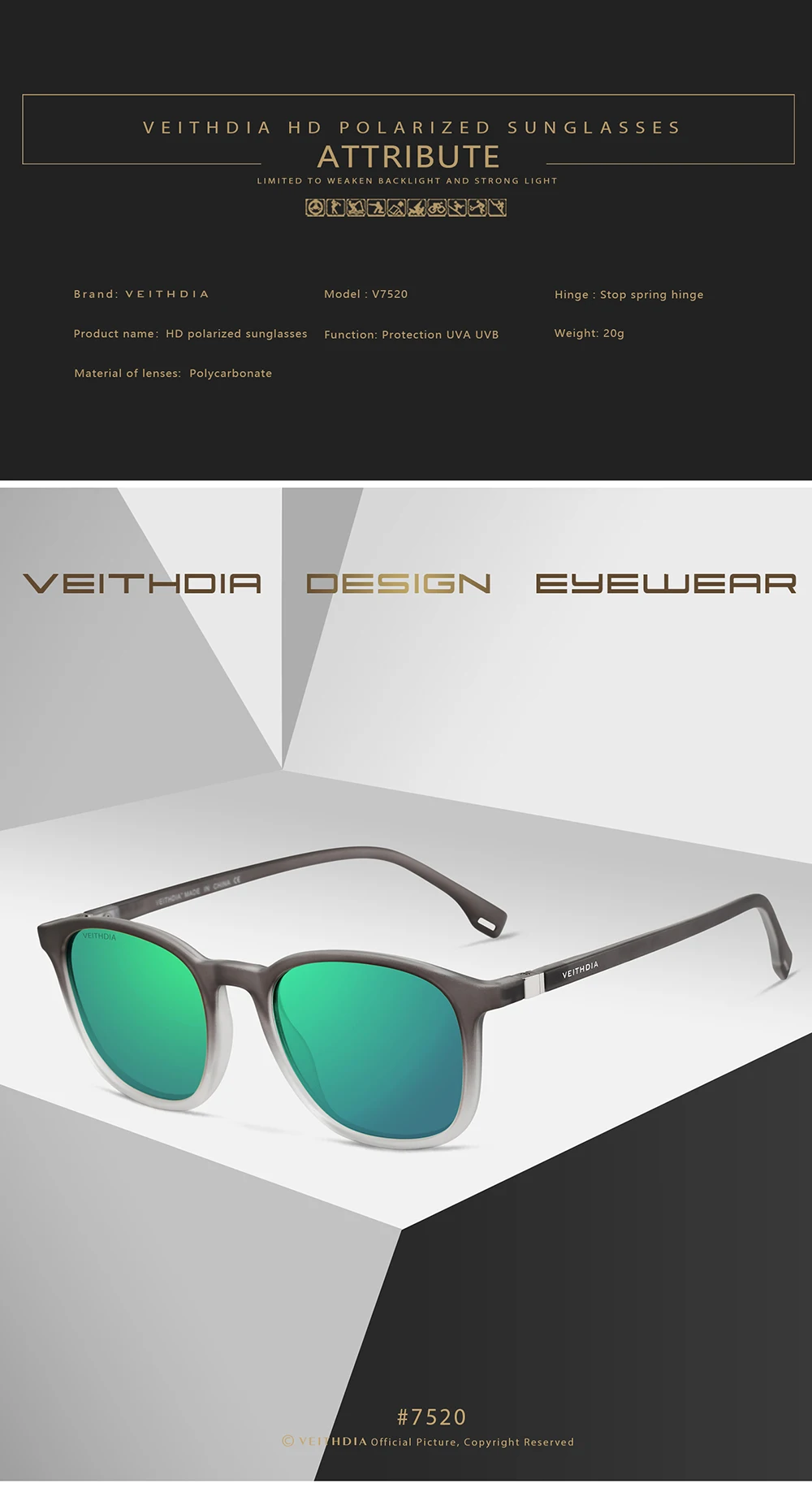 VEITHDIA Marke männer Sonnenbrille Retro TR90 Brillen Polarisierte Linse Vintage Brillen Männlich Fahren Sonnenbrille Für Frauen V7520 – Detail 5