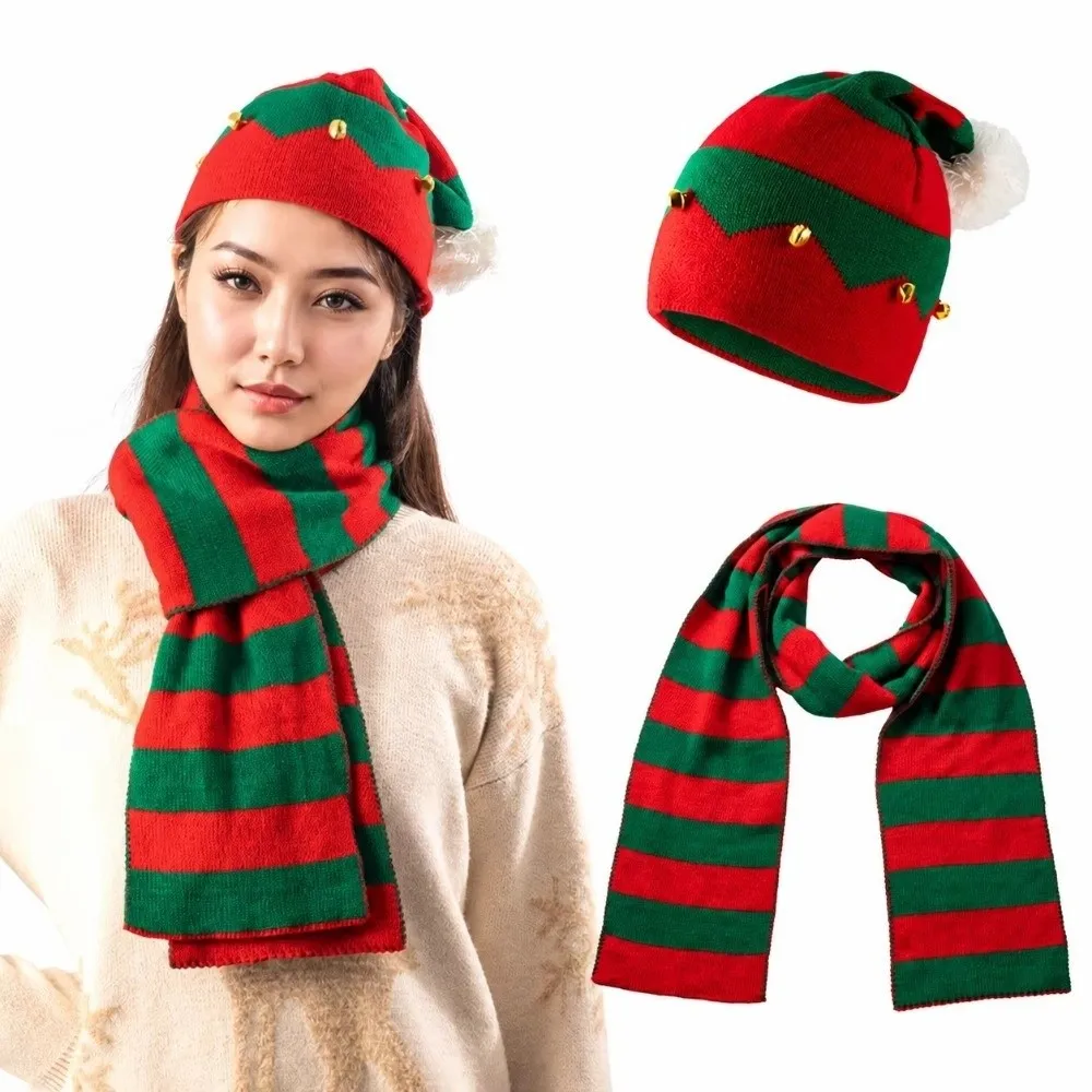 Thermal Yarn Christmas Hat Scarf Striped Pattern Plush Pom Knitted Holiday Scarf Gloves Acrylic Fibers Xmas Beanie Merry Couples