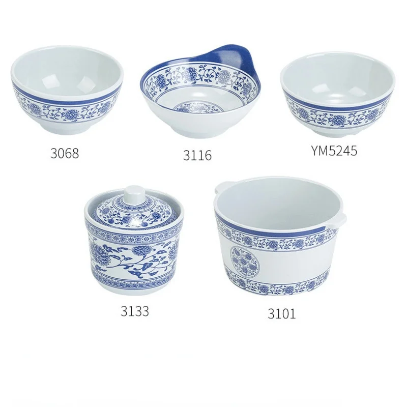 Blue And White Imitation Porcelain Dinner Plates Snack Tray  Soup Rice Bowl Spoon Plastic Creative Hotel Restaurant Sushi Plate