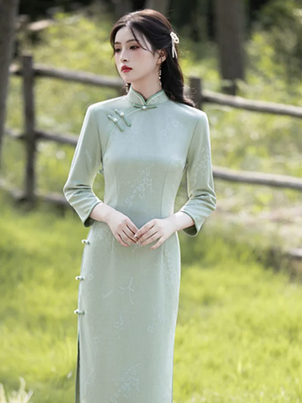 

Женское длинное облегающее платье-ципао из спандекса и полиэстера для повседневной носки, осеннее, однотонное