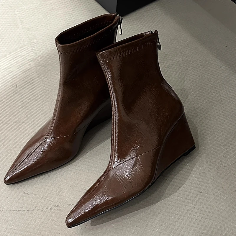 

Wedges Ankle Boots for Women Fashion High Heels Shoes Dress Pointed Toe Chelsea Botas Winter Designer 2025 Short Boots De Mujer