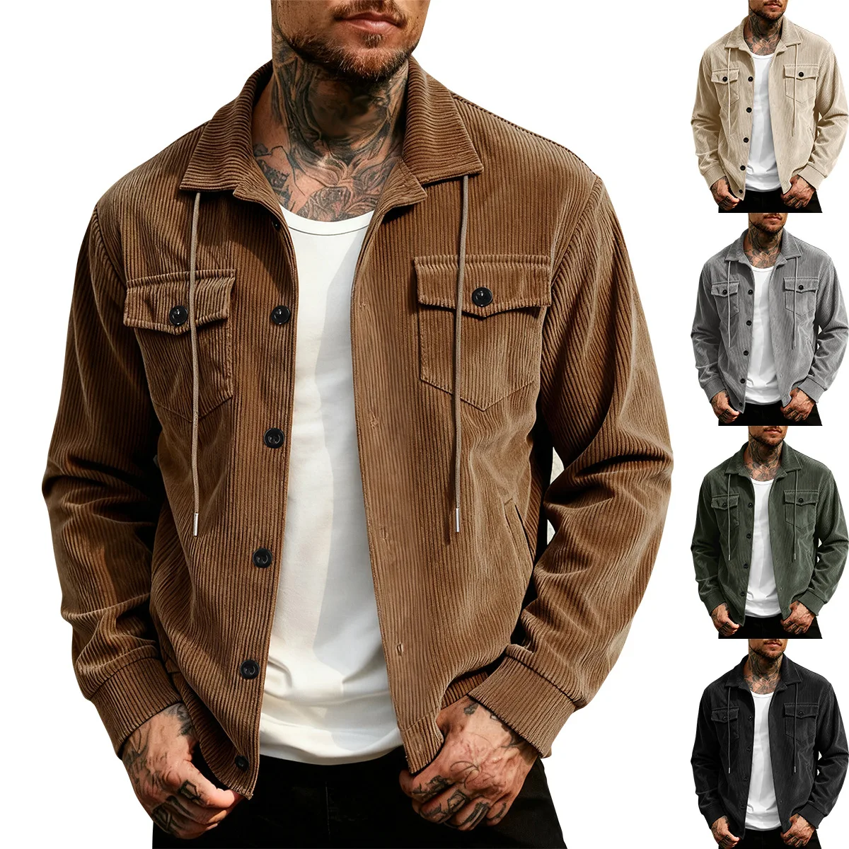 2026 Autumn Men's New Corduroy Tooling Multi-pocket Lapel Button Casual Jacket